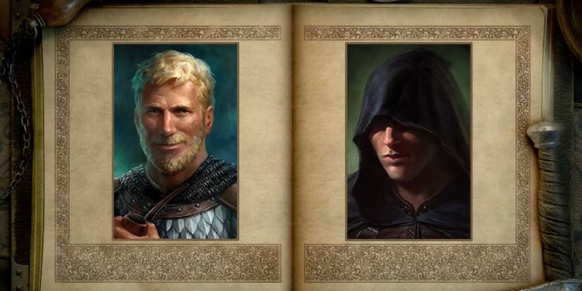 Eder and The Watcher pictured on the pages of a leather bound book