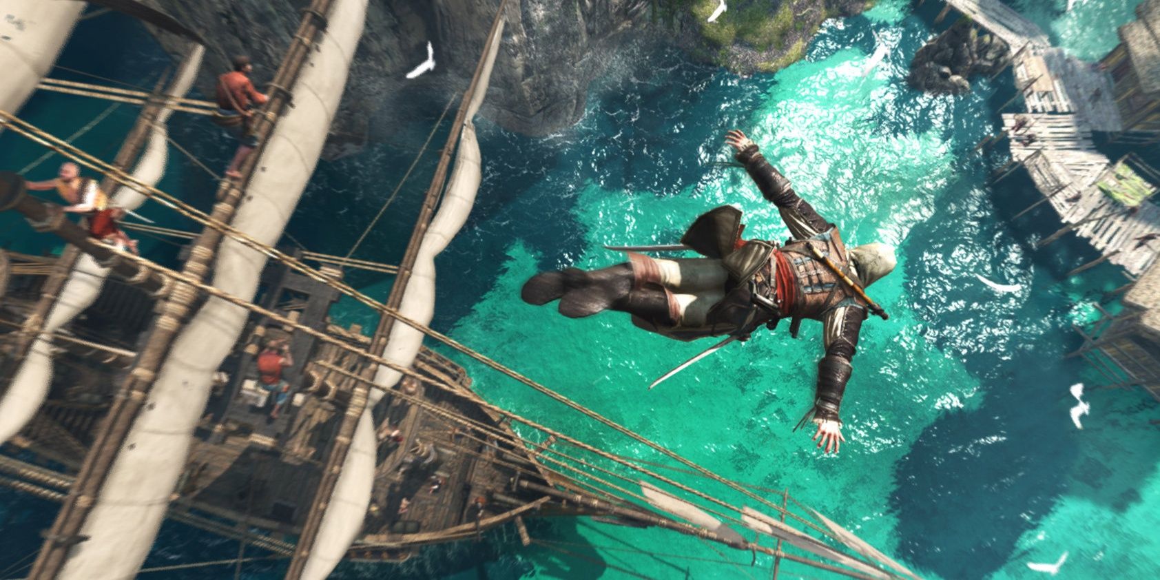 Edward Kenway en Assassin's Creed 4: Black Flag sumergiéndose en una piscina cerca del barco