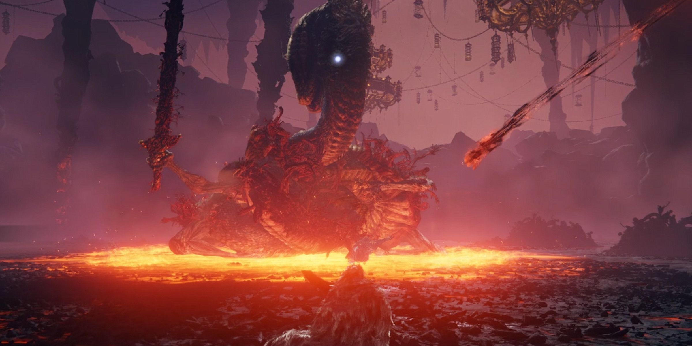 Player character facing off against the God-Devouring Serpant in the heart of Volcano Manor