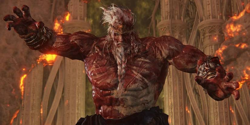 Image from Elden Ring showing a muscular Godfrey.