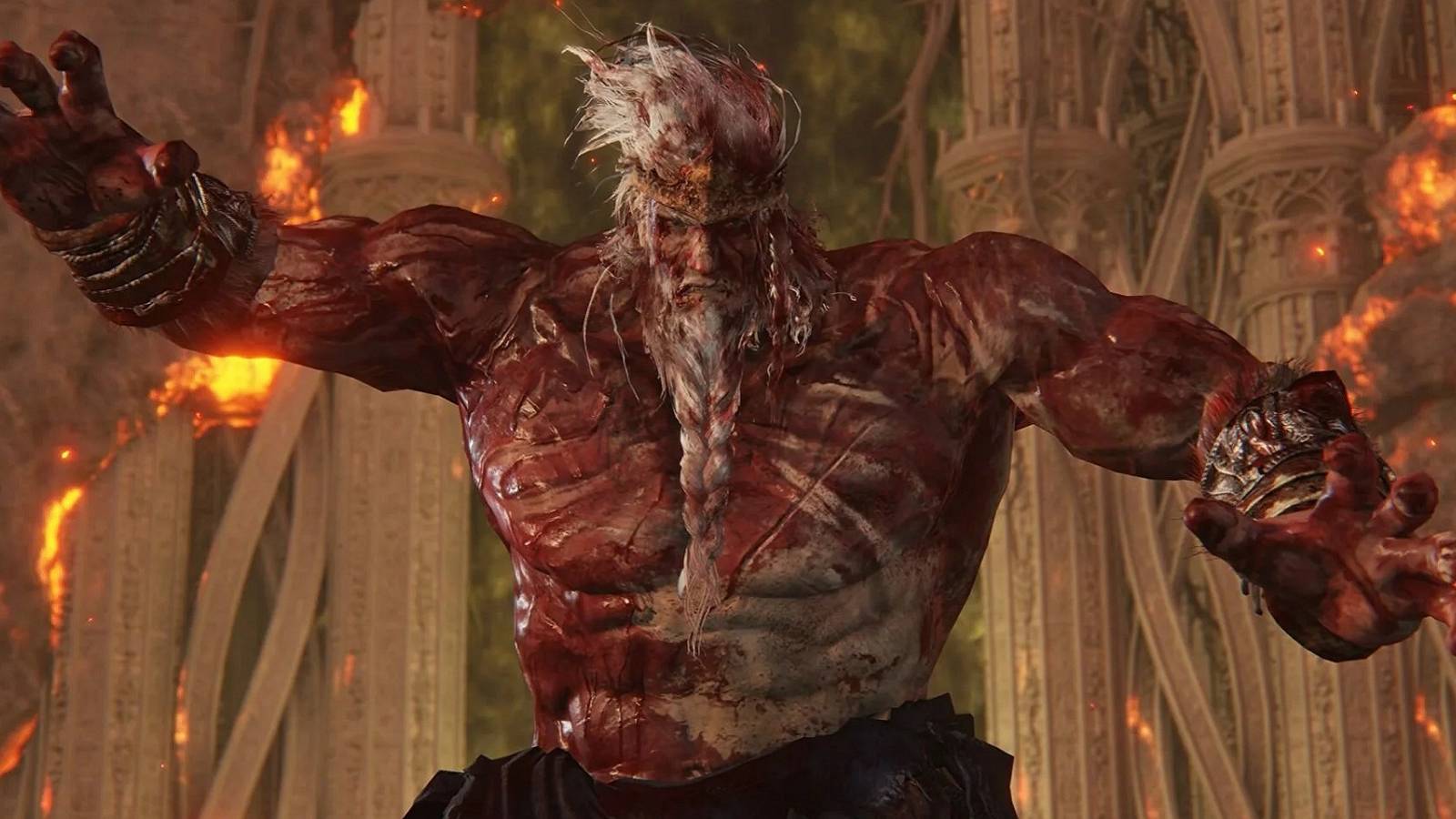 Image from Elden Ring showing a muscular Godfrey.