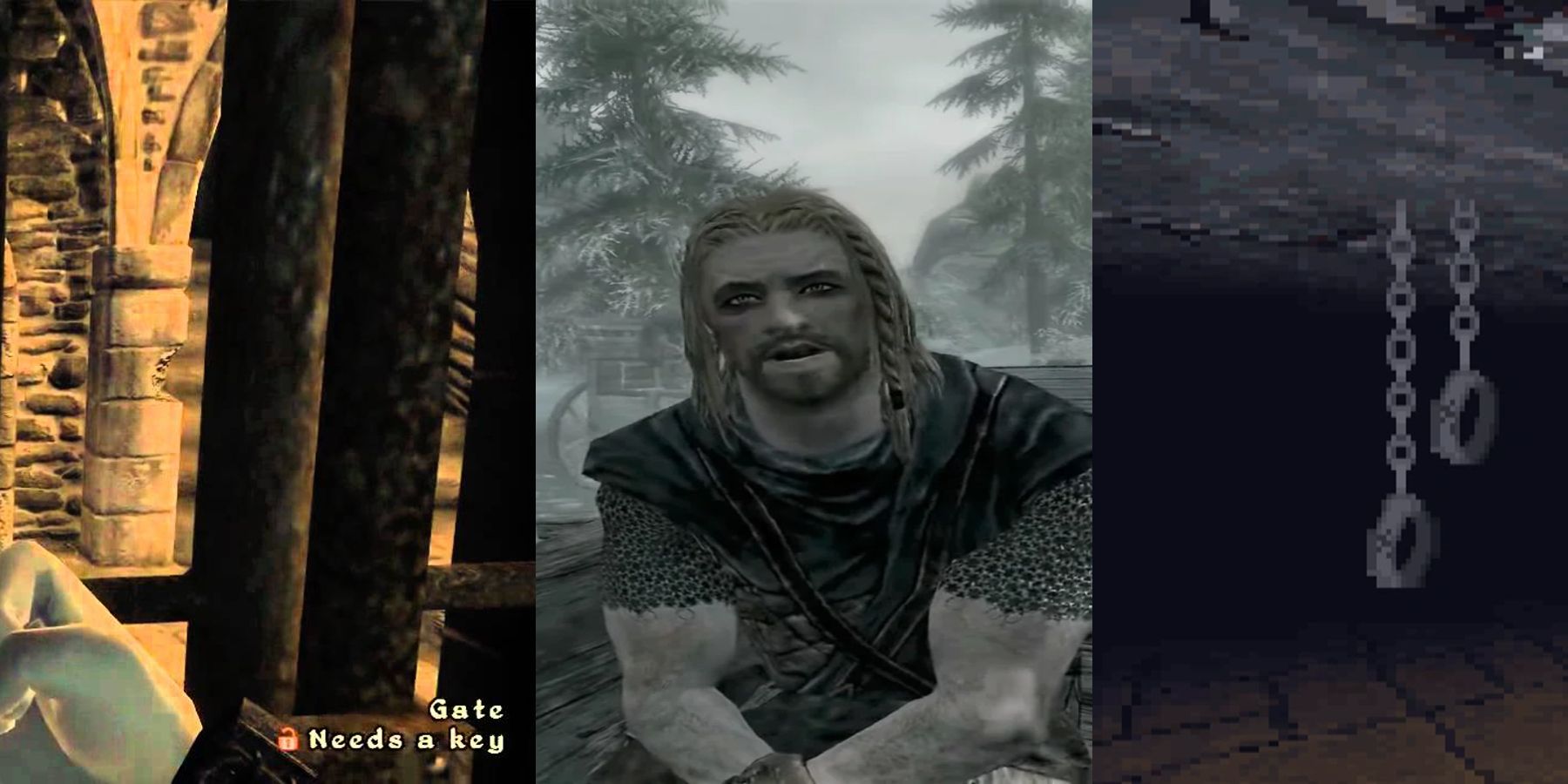 A collage of the beginning scenes for Skyrim, Oblivion, and Arena, all prisoner escapes