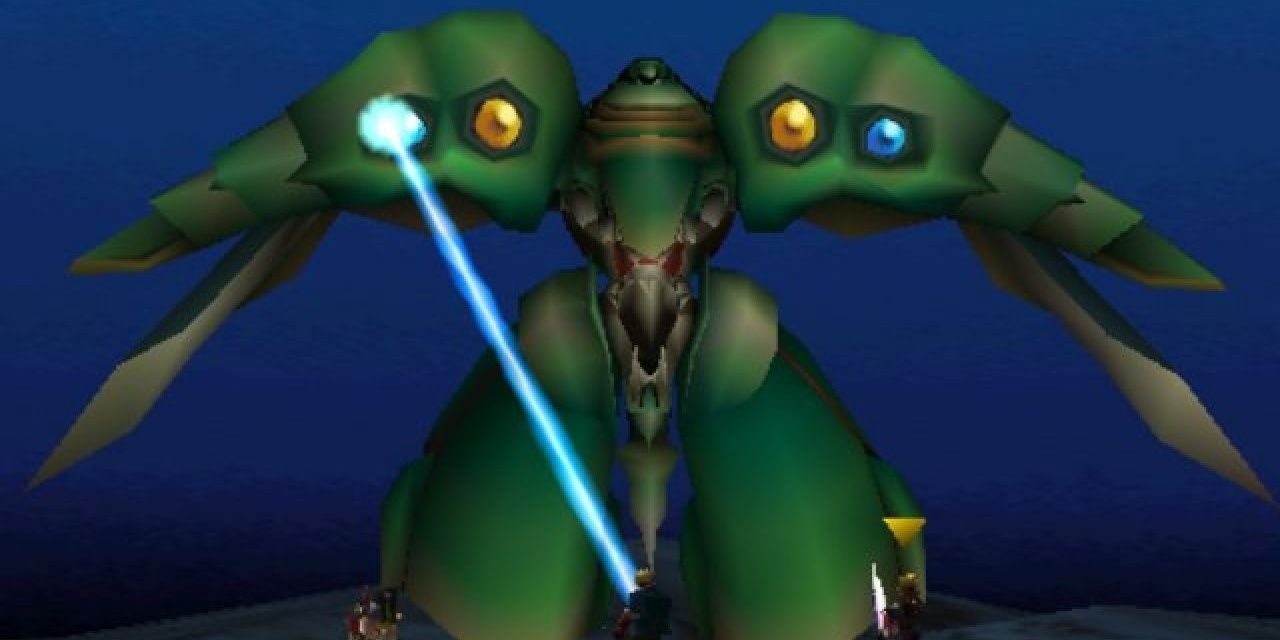 Yuffie, Cid, and Cloud battle Emerald Weapon in Final Fantasy 7