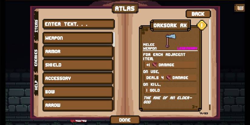 Atlas showing Orksork Ax in Backpack Hero