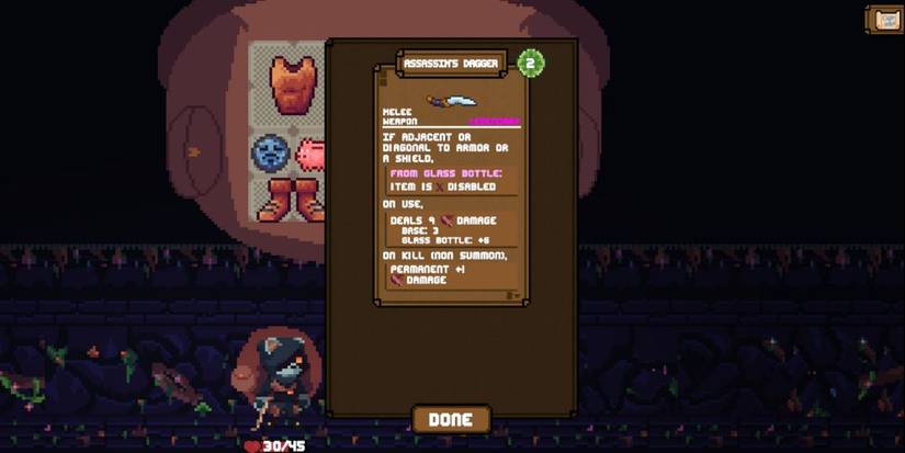 Inventory showing the Assassin's Dagger weapon in Backpack Hero