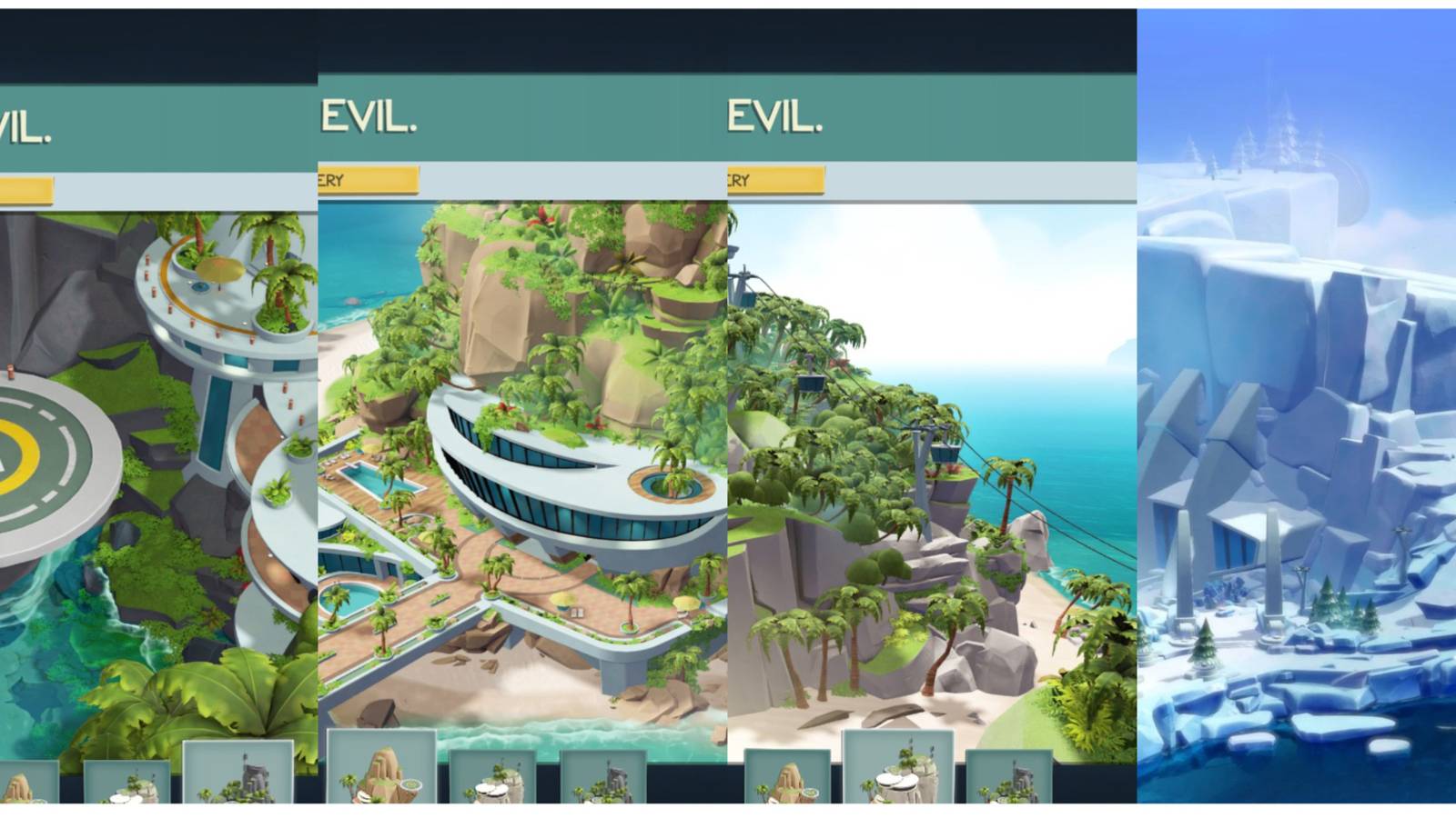 split image of Caine Key, Crown Gold, Montanas Gemelas, and Icicle Point in Evil Genius 2