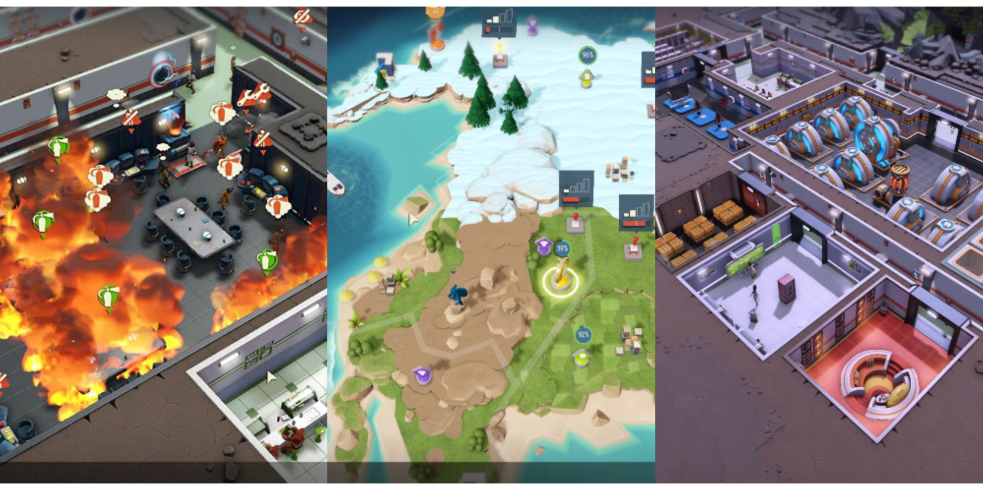 split image of a fire in the lair, region map, and lair building in Evil Genius 2