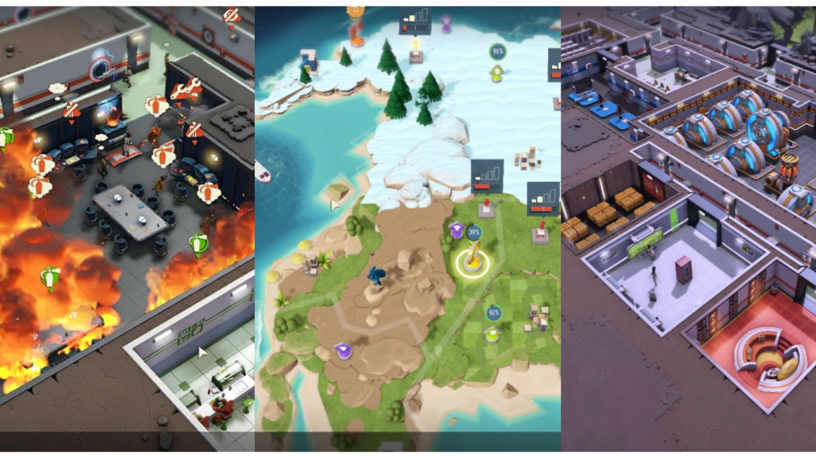 split image of a fire in the lair, region map, and lair building in Evil Genius 2