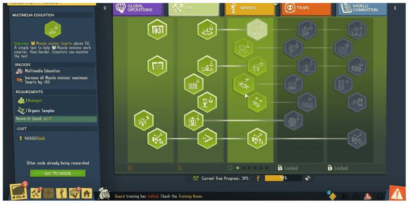 research menu in Evil Genius 2