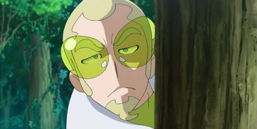 Faba from Pokemon Sun and Moon hiding behind tree in forest