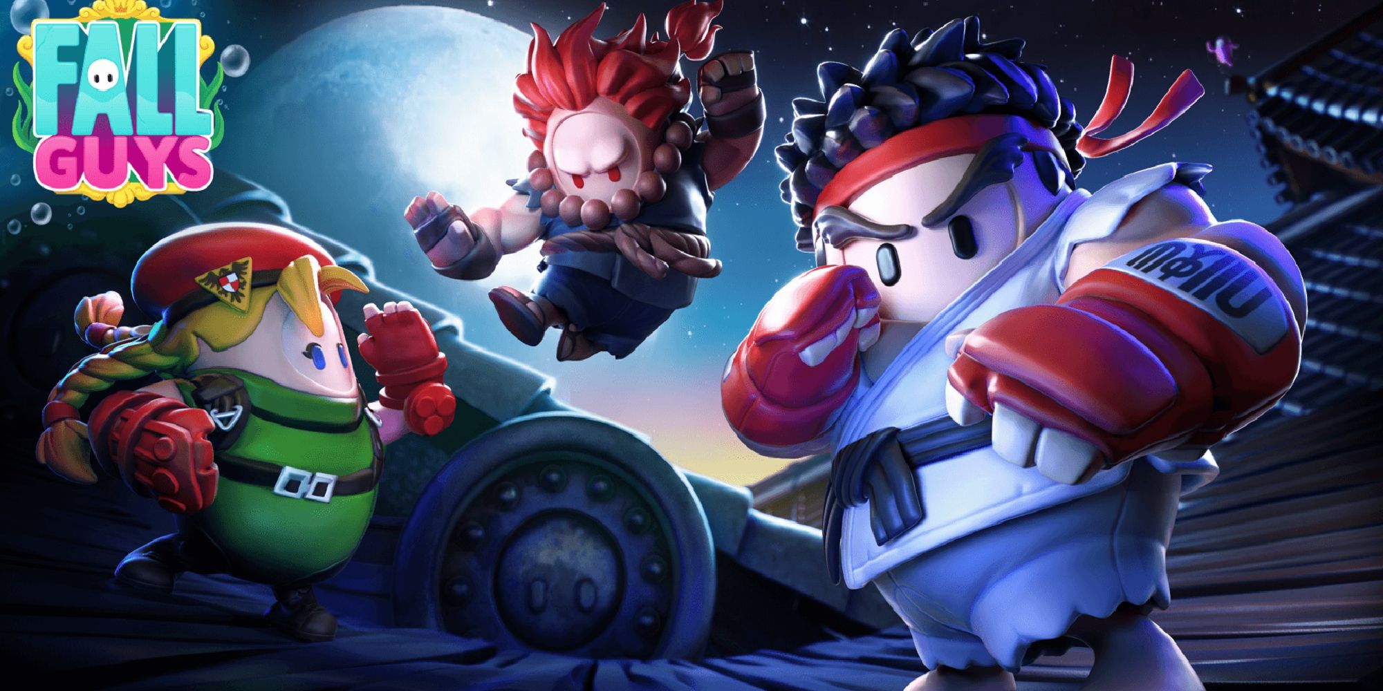 Promotional artwork showing all 3 Street Fighter skins for Fall Guys
