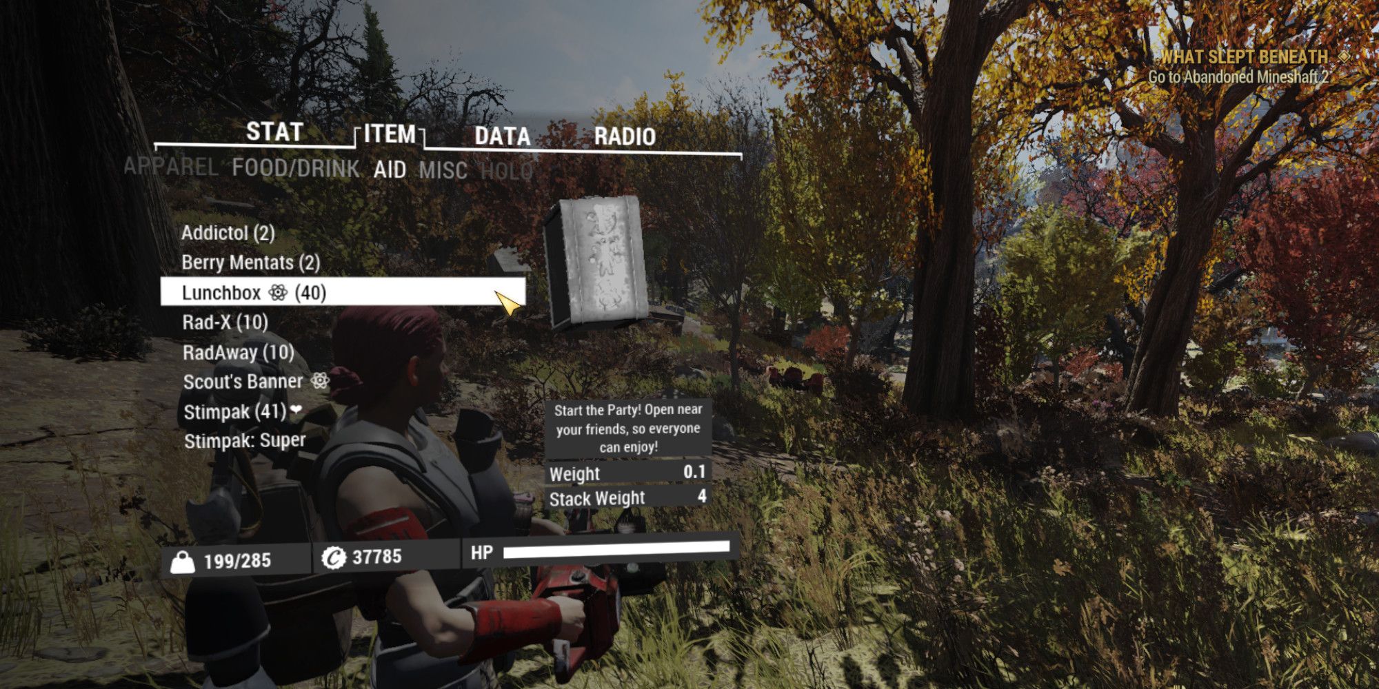 A player prepares to use a lunchbox for a boost in fallout 76