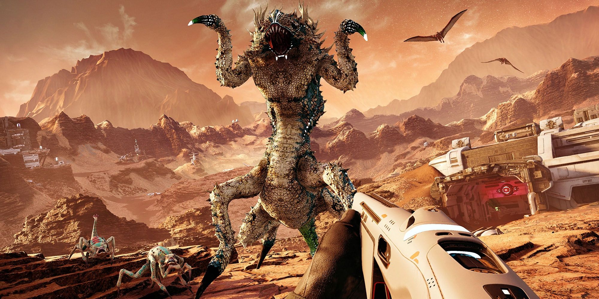 Player aiming gun at monster on Mars 