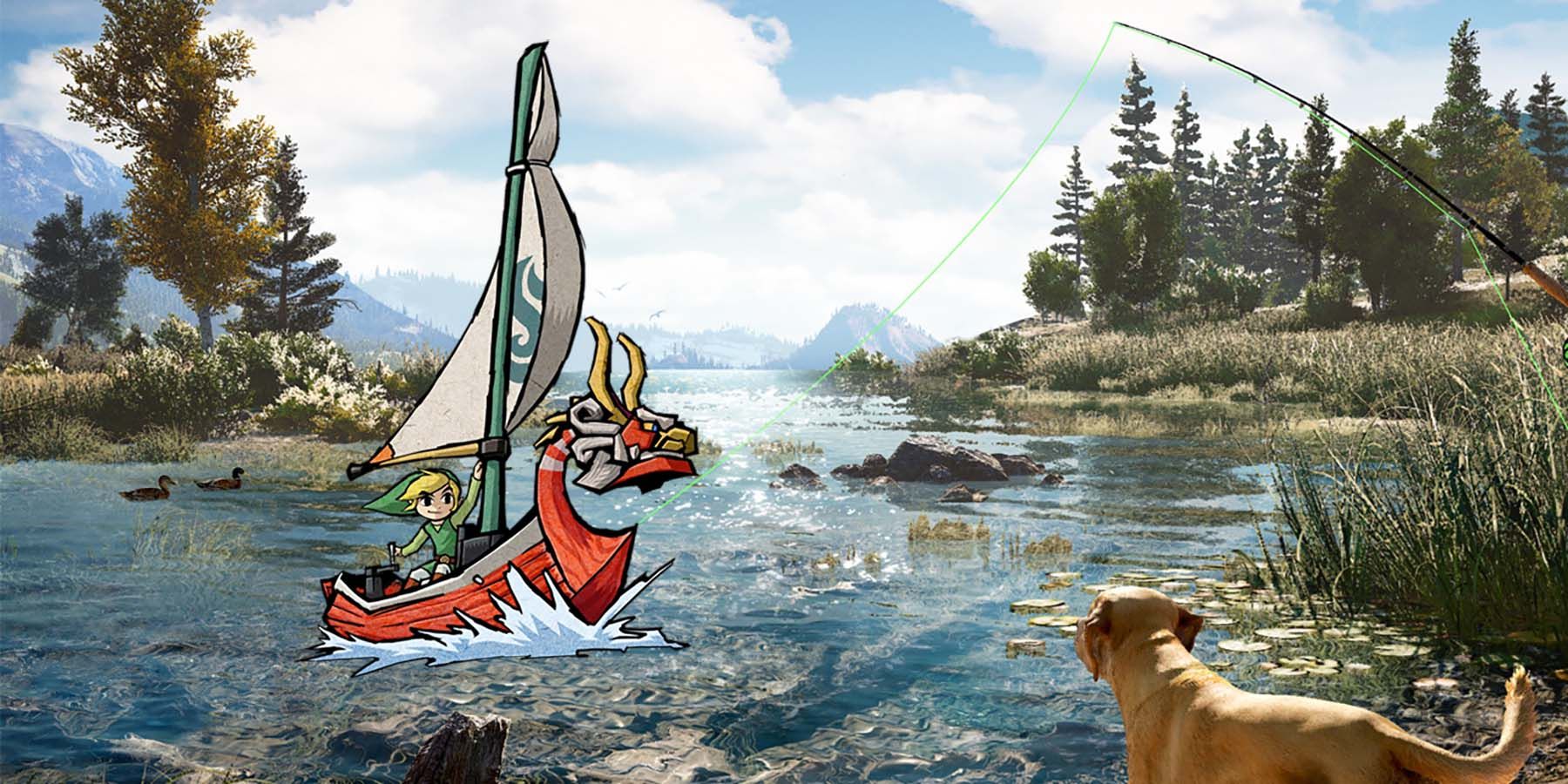Wind Waker Link riding the King of Red Lions down a river in Far Cry 5
