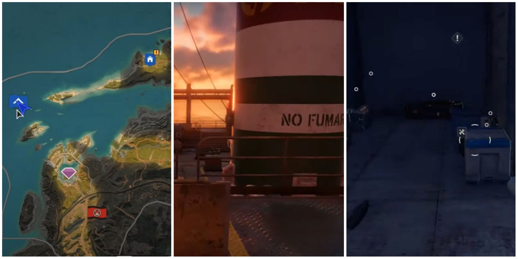 Far Cry 6 Supercharger Shotgun location split into screens of Yara map, containers on water base