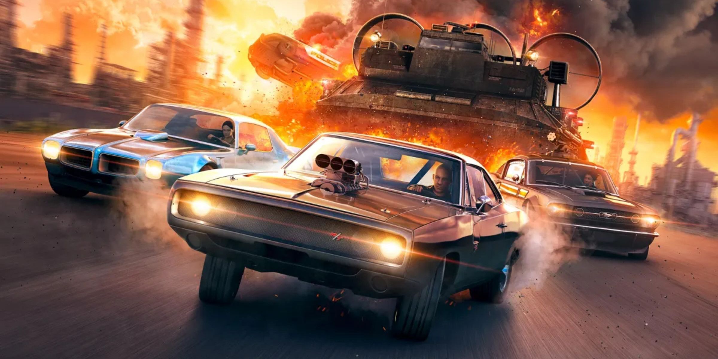 Dom, Roman and Letty speeding away with explosions in the distance