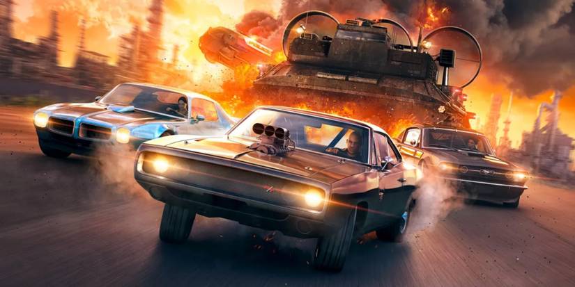 Dom, Roman and Letty speeding away with explosions in the distance