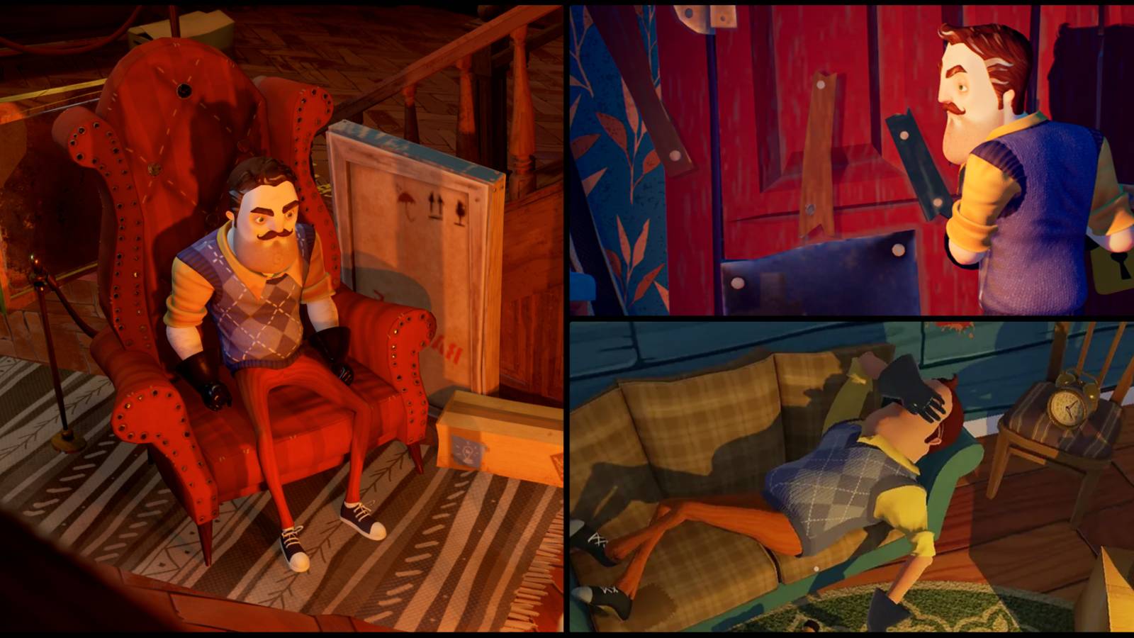 three pictures of the neighbor from Hello Neighbor 1 and 2