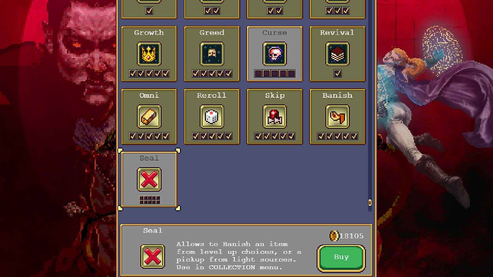 The Seal Powerup in Vampire Survivors can be used to banish weapons and items from the pool