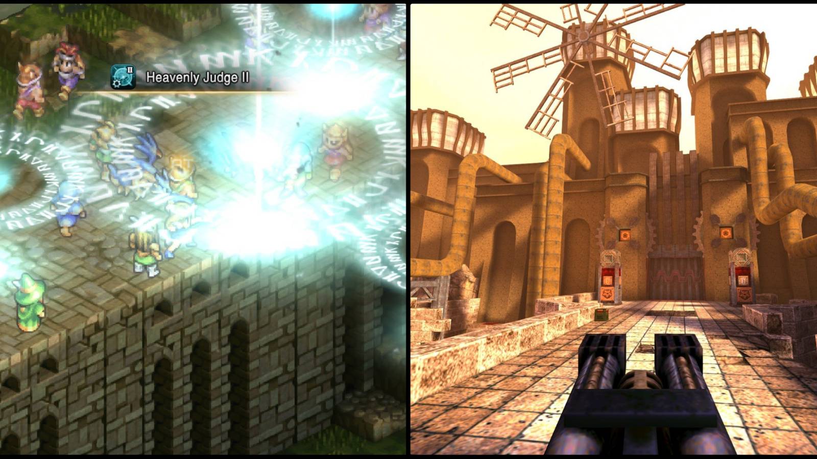 two screenshots from the video games Quake and Tactics Ogre: Reborn