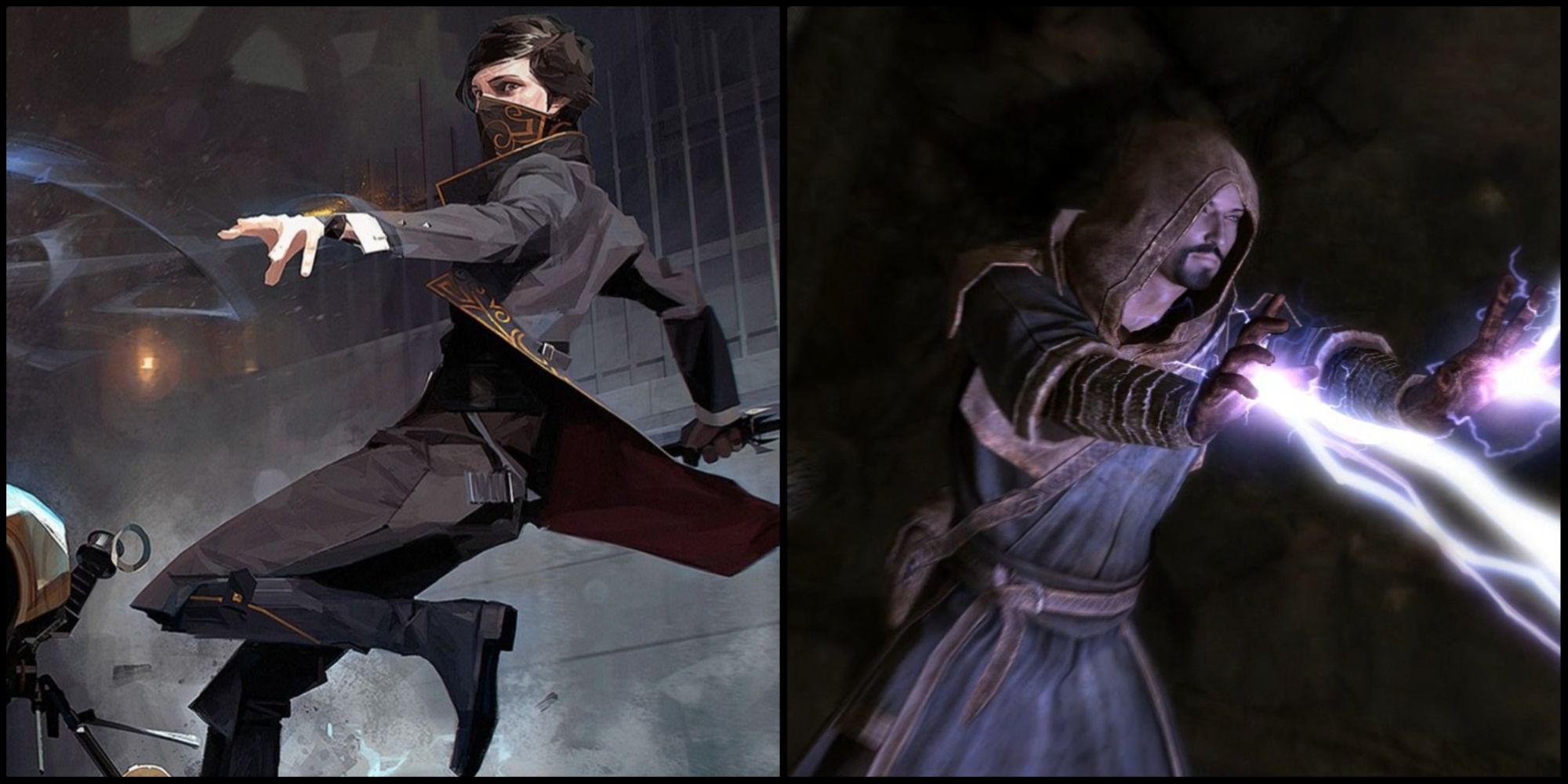 protagonists from Dishonored and Skyrim casting spells