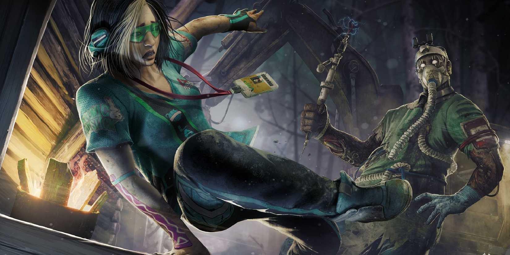 Feng Min from Dead By Daylight, making a daring escape away from The Doctor, her killer counterpart