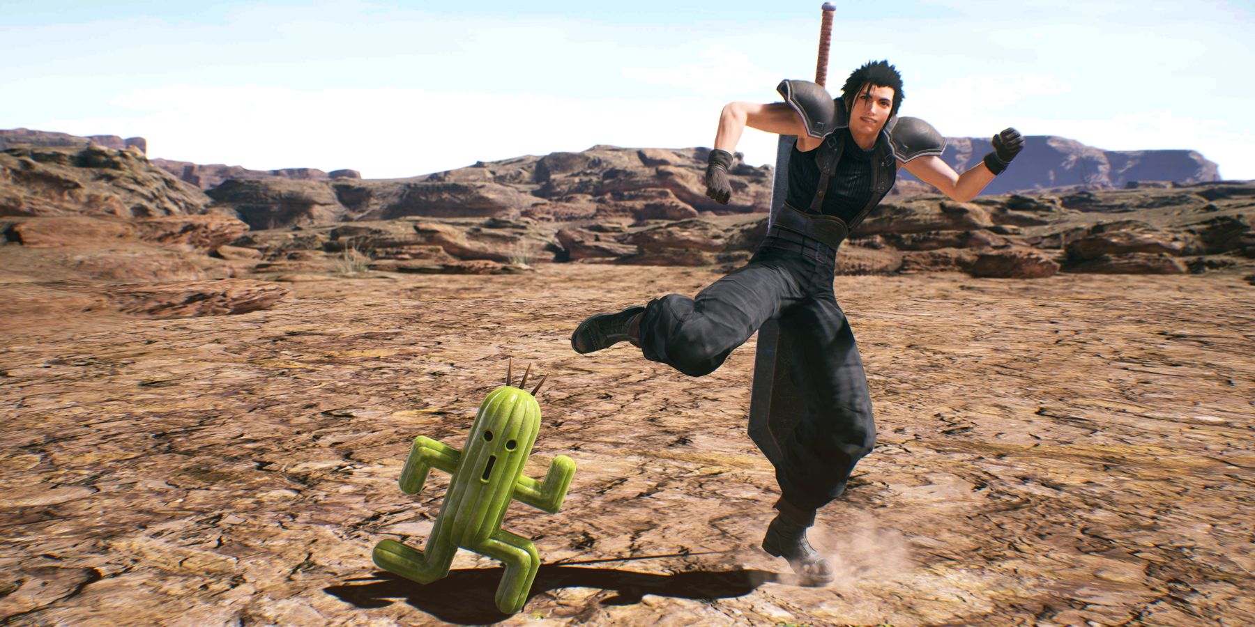 Screenshot of a Cactuar and Zack in Crisis Core Final Fantasy 7 Reunion