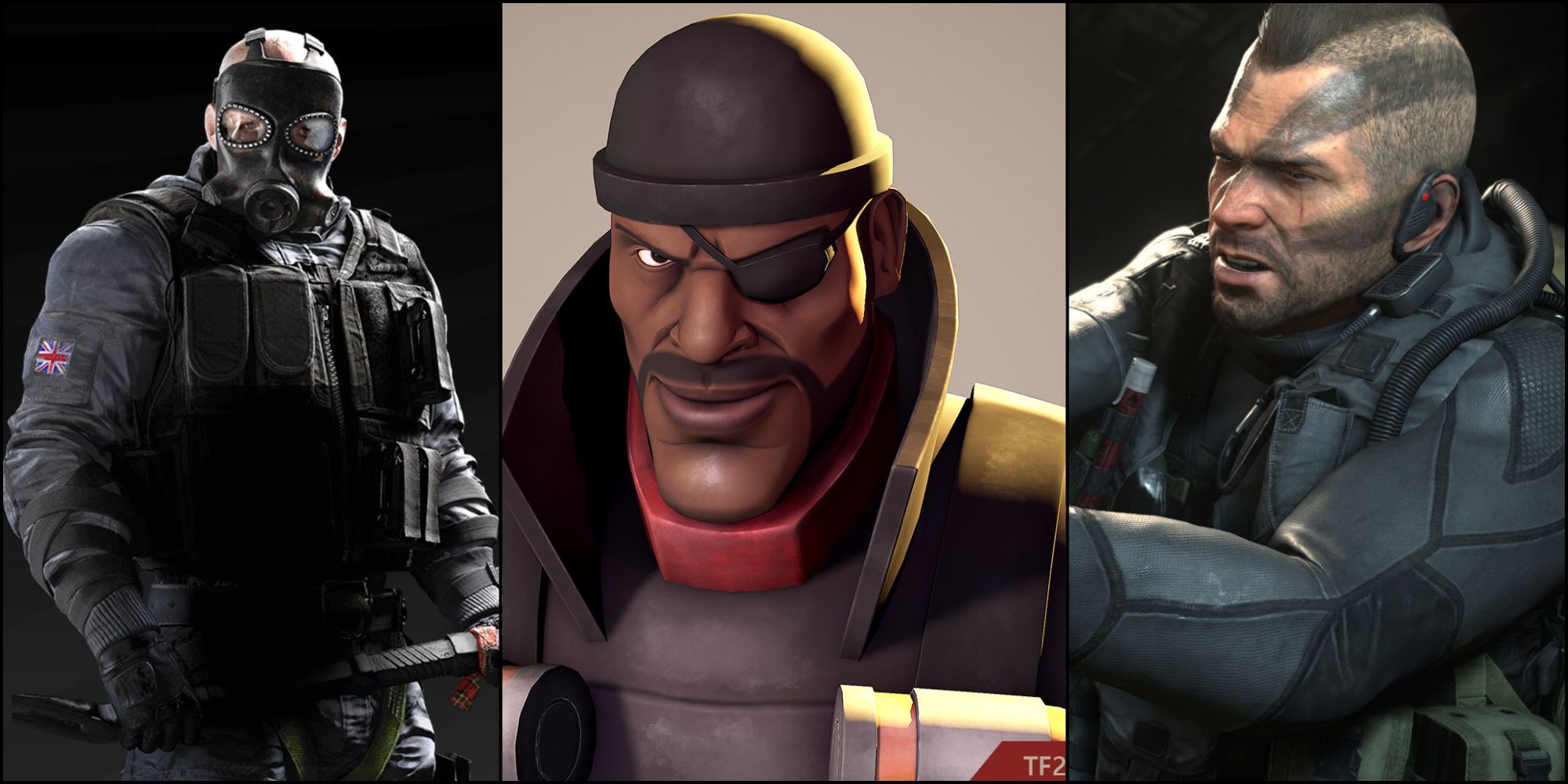 Sledge, Demoman, and Soap in a split collage