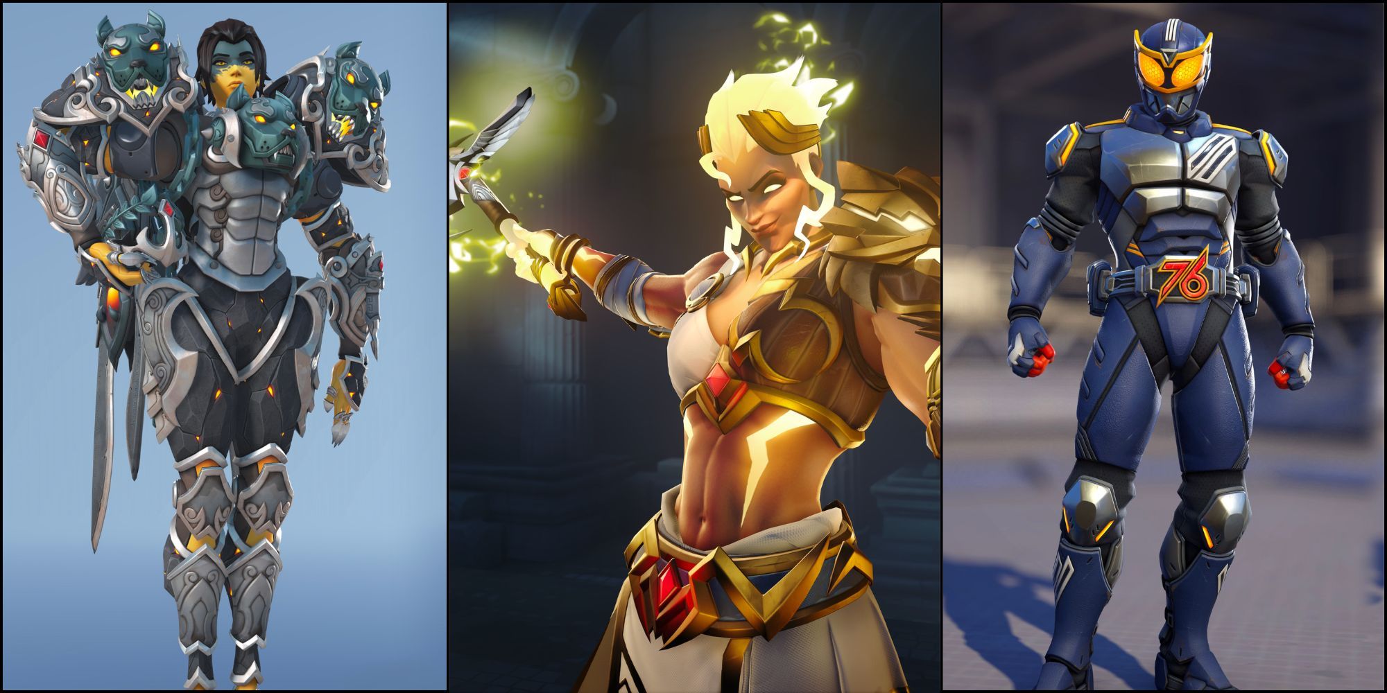 Pharah, Junker Queen, Soldier: 76 in Split Collage Image