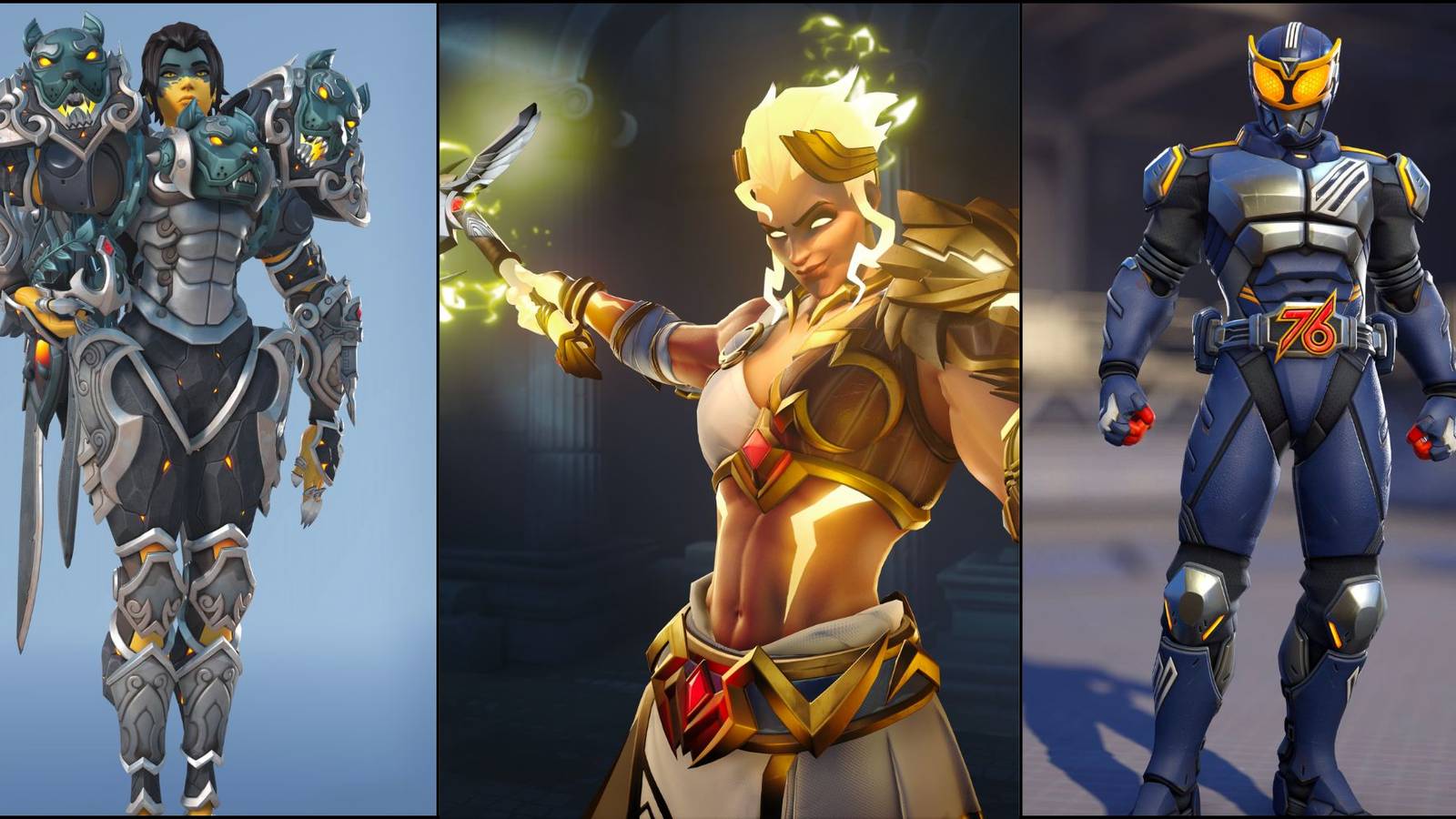 Pharah, Junker Queen, Soldier: 76 in Split Collage Image