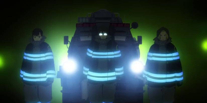 Fire Force - 3 members of company 8 coming down from their vehicle