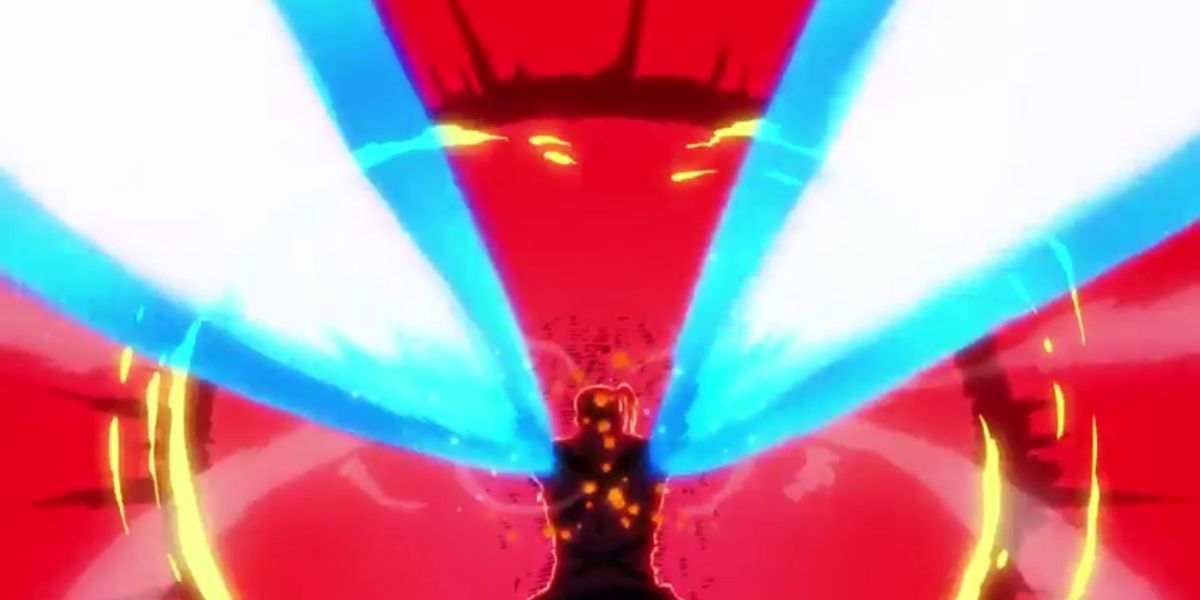 Fire Force - Konro firing blue flames from his shoulders as a red explosion goes off