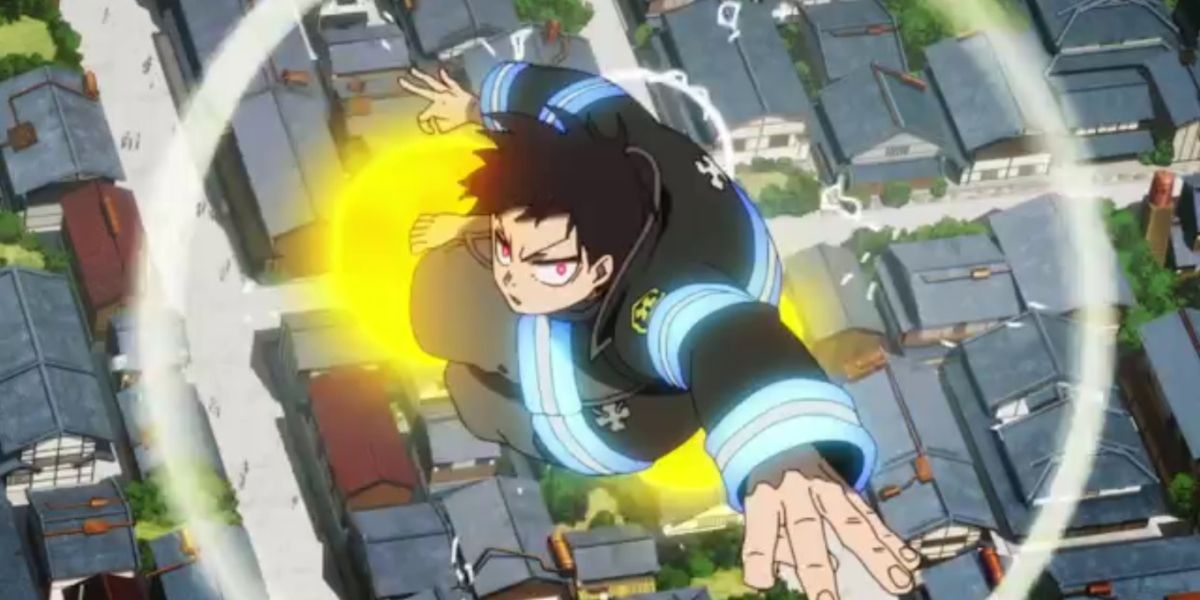 Fire Force - Shinra taking off with fire shooting from his feet