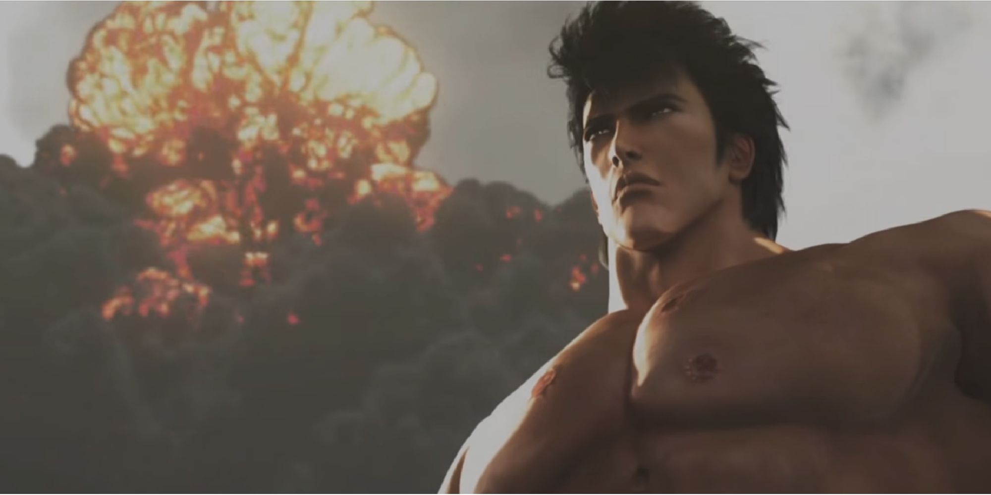 Fist of the North Star's Kenshiro stares at an unseen enemy as buildings explode behind him. 