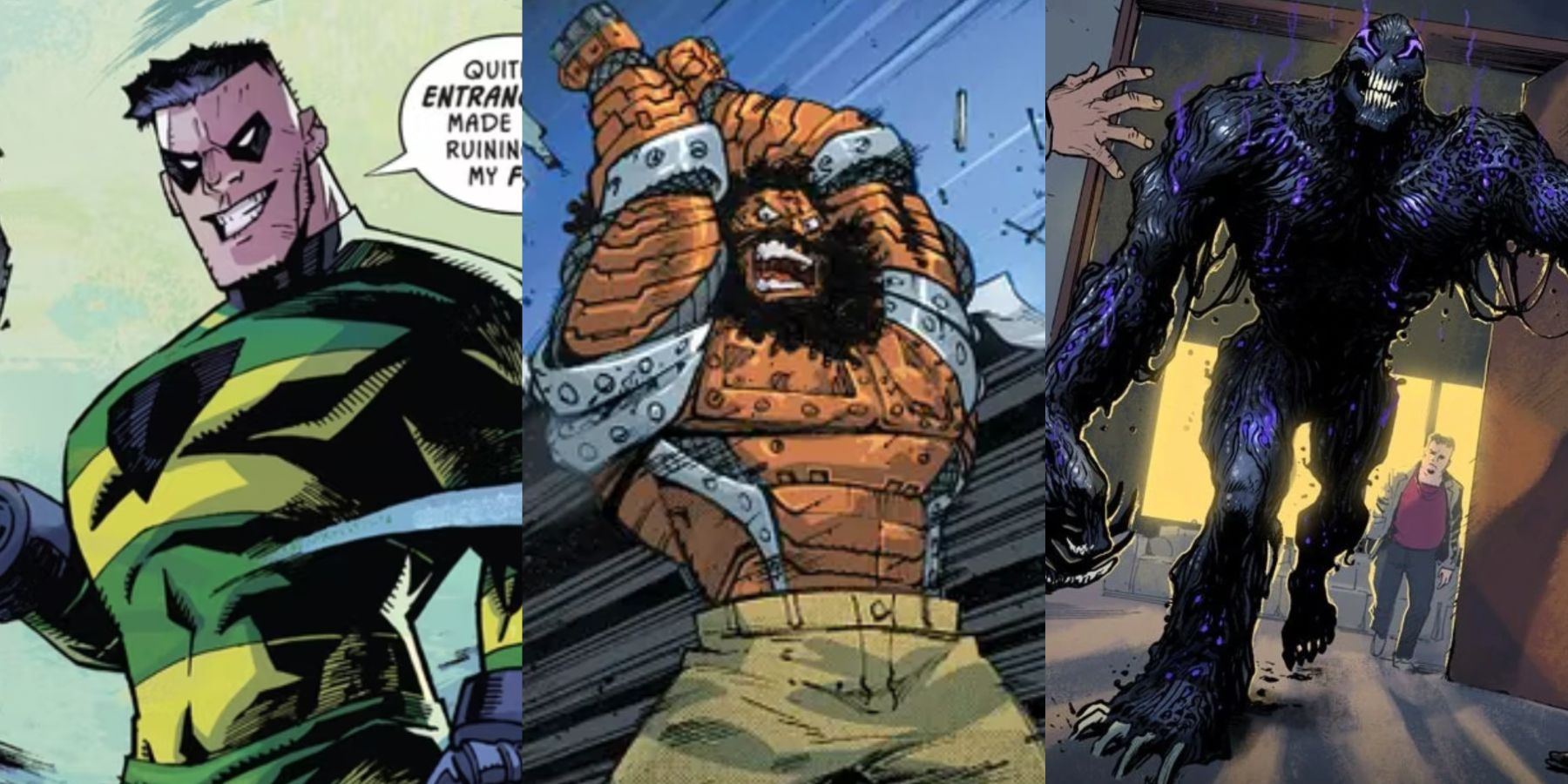A split image features Top, Girder, and Tar-Pile as they appear in the Flash movie prequel comics