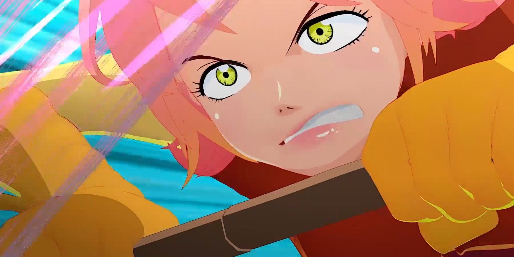 Screenshot of a pink haired anime girl, pushing forward 