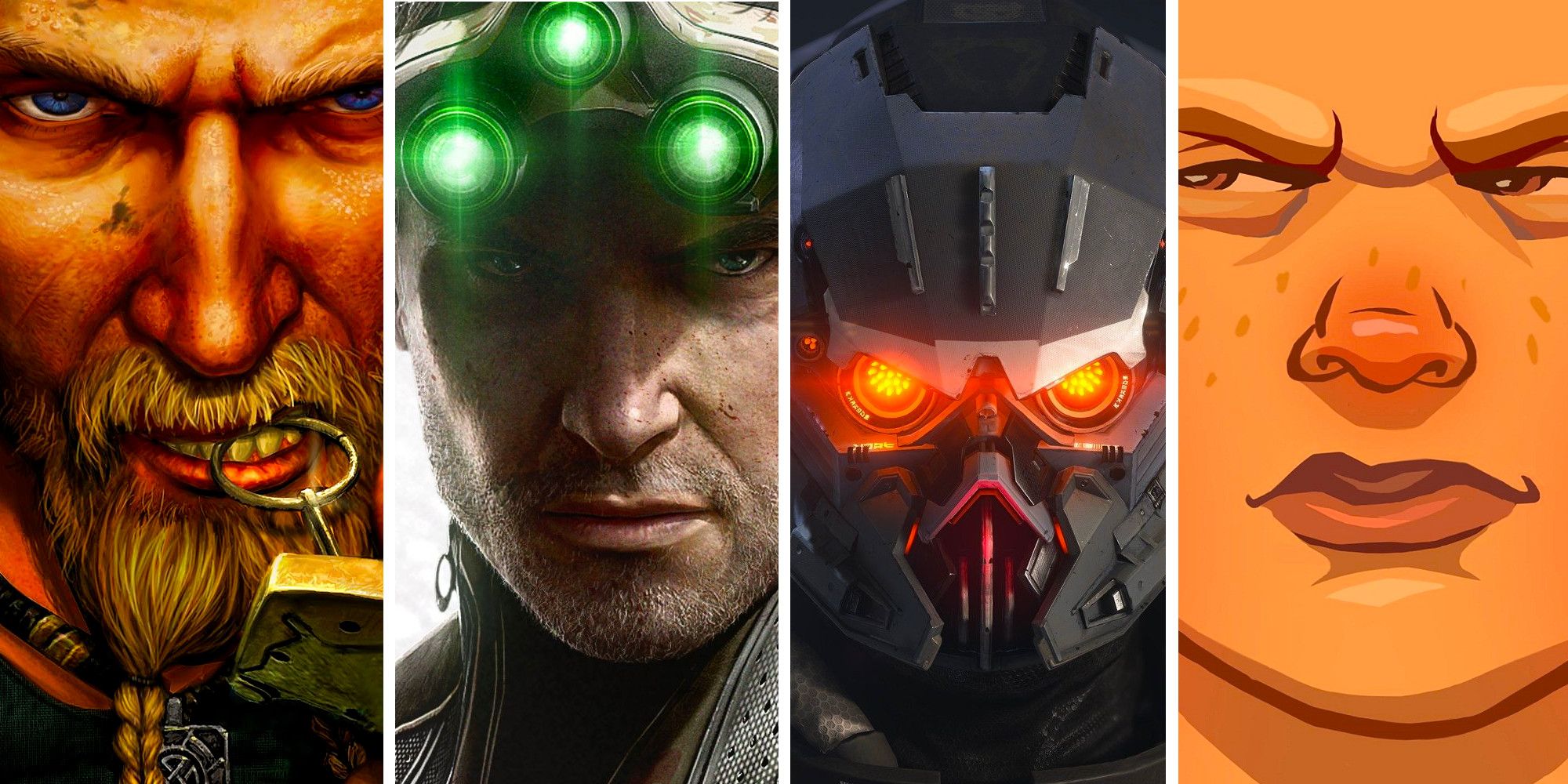 A man pulls a grenade pin with his teeth, Sam Fisher wears googles, a helmet man looks maliciously at the camera, Jimmy Hopkins