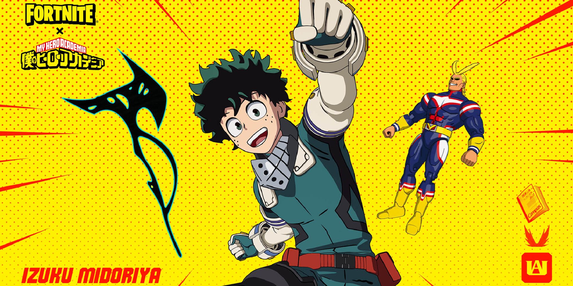 Deku pumping one fist in the air atop a bright yellow background