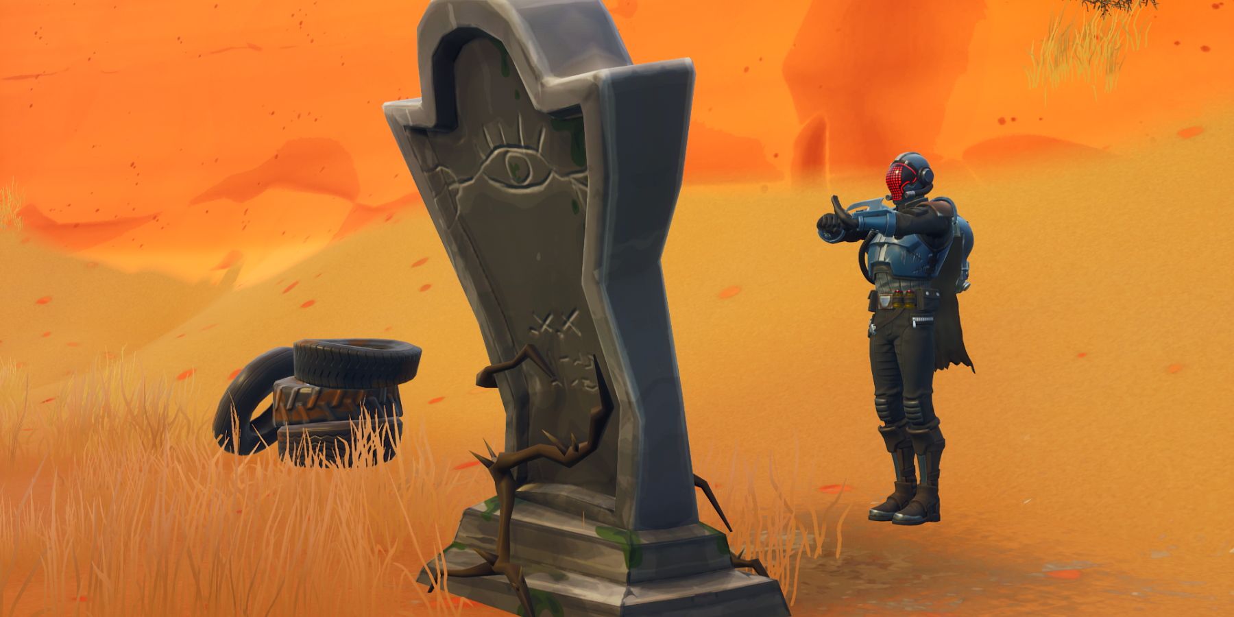 Player standing next to a gravestone in Fortnite
