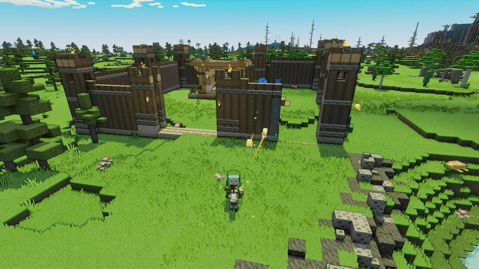 A Minecraft Legends player standing by while an Allay builds a wooden fort