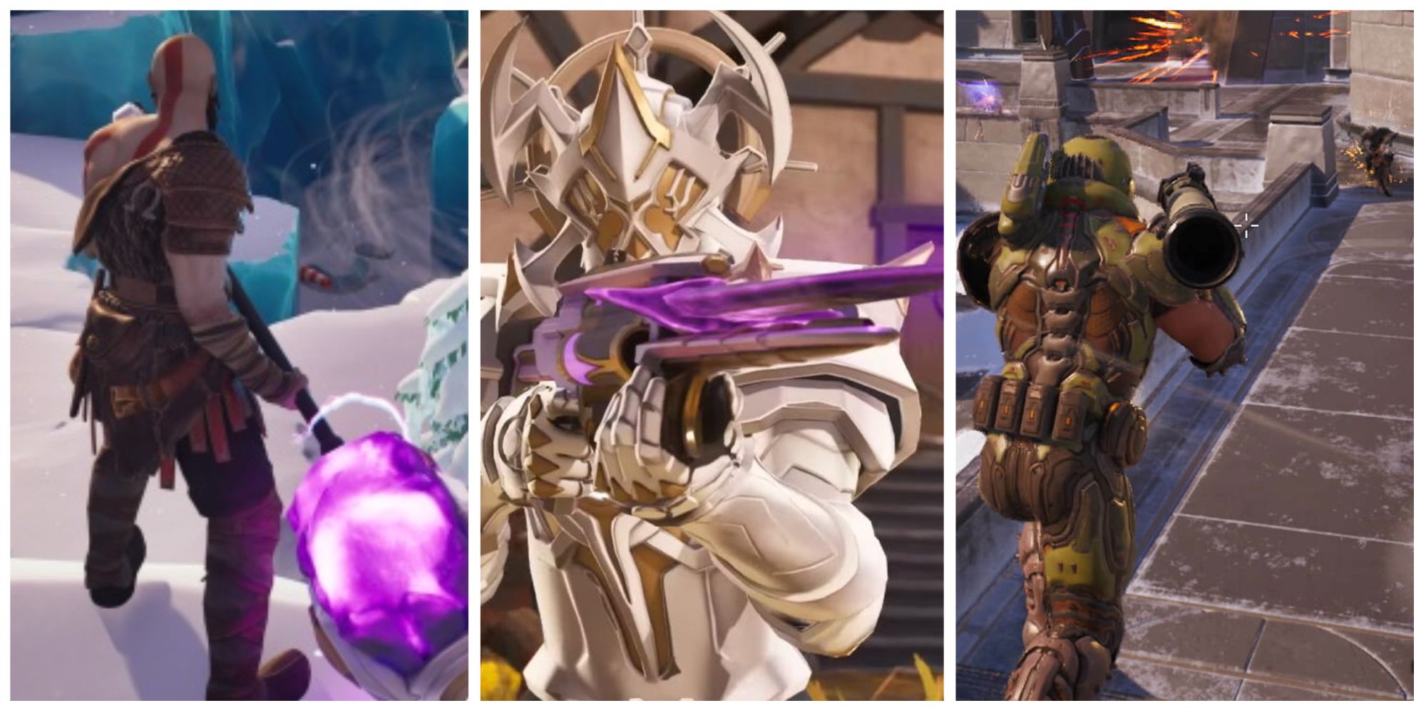 kratos with shockwave hammer, geno with ex-caliber, doom slayer with rocket launcher in fortnite