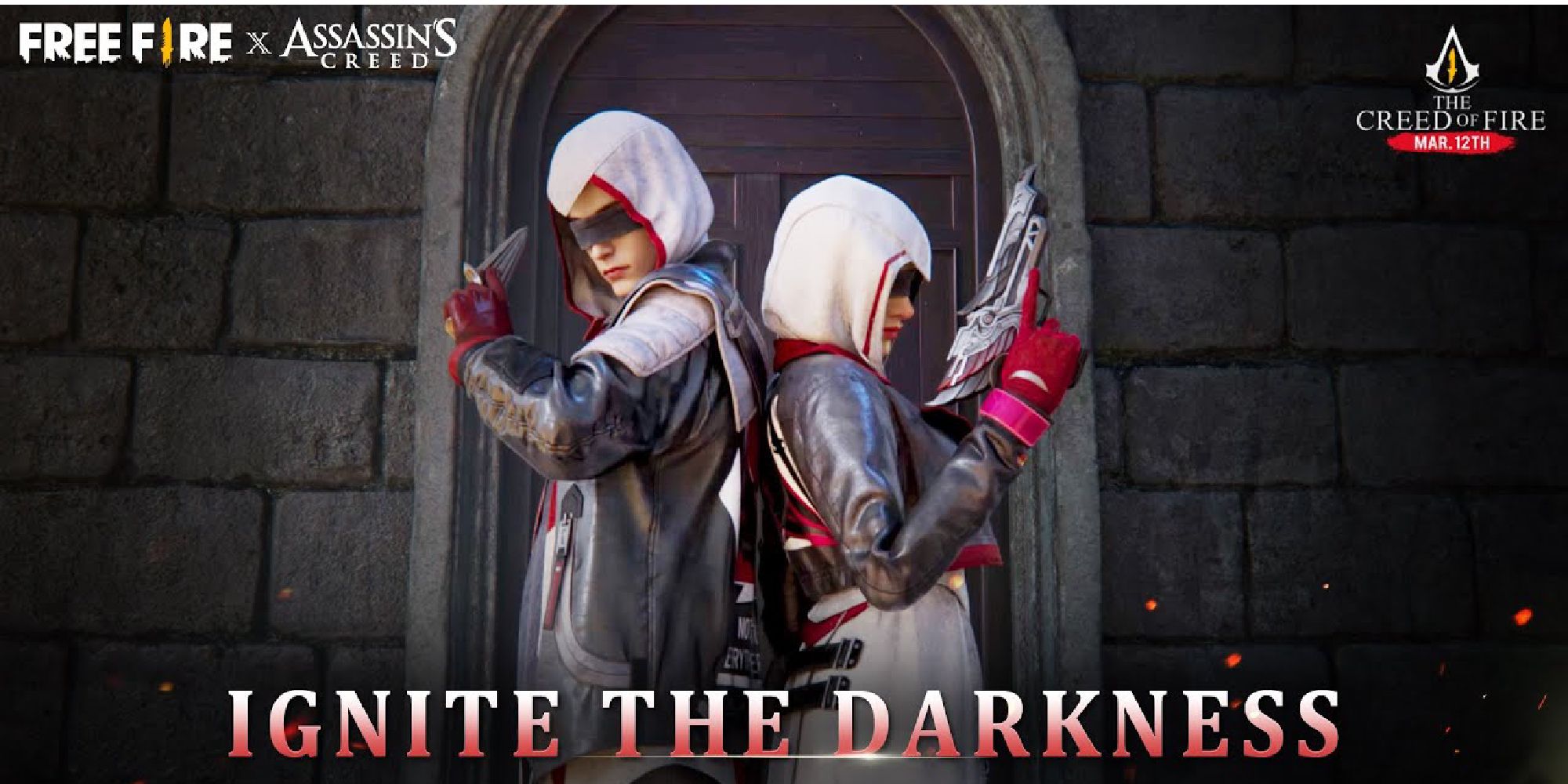 Two characters from Free Fire sporting Assassins Creed skins
