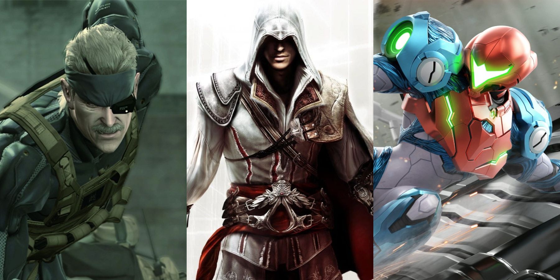 Old Solid Snake, Assassin's Creed's Ezio Auditore and Metroid Dread's Samus Aran split image