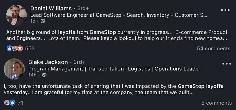 GameStop employee LinkedIn testimonies of December 6 2022 layoffs Daniel Williams Blake Jackson