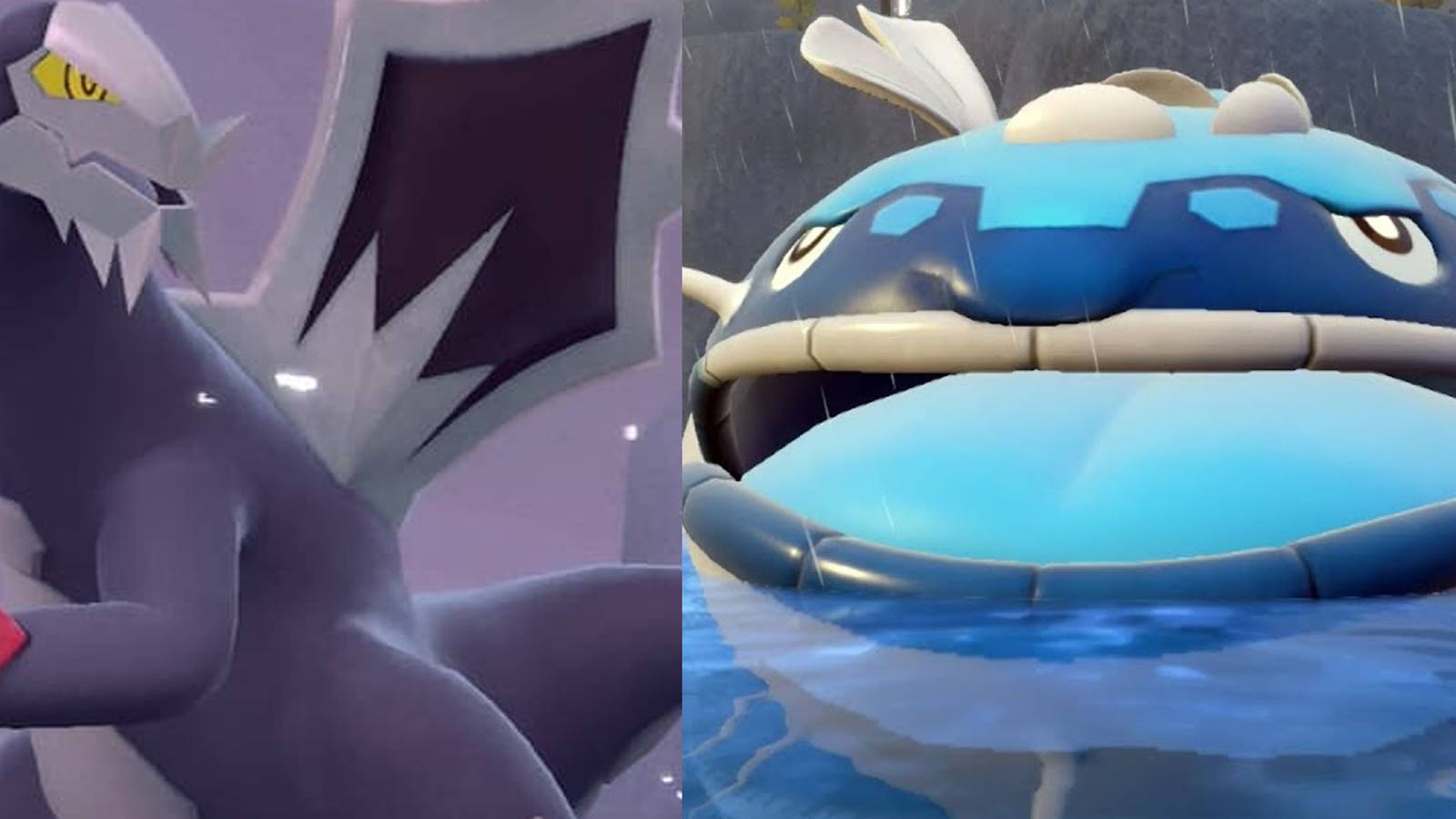 Baxcalibur turning in its Pokedex portrait; Dondozo swimming in the rain