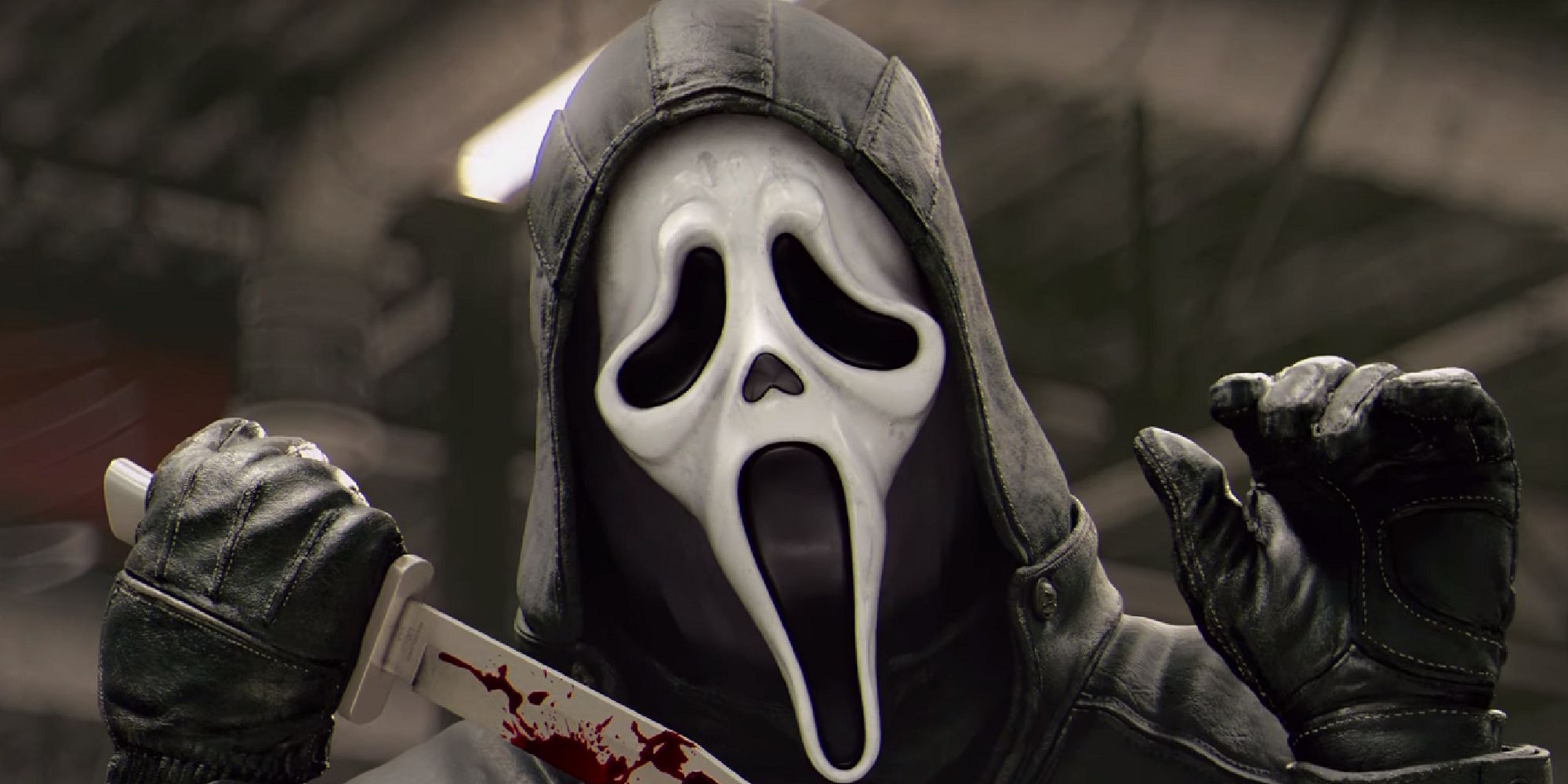 Ghostface from Dead by Daylight, holding a bloody knife in one hand as he waves with his other