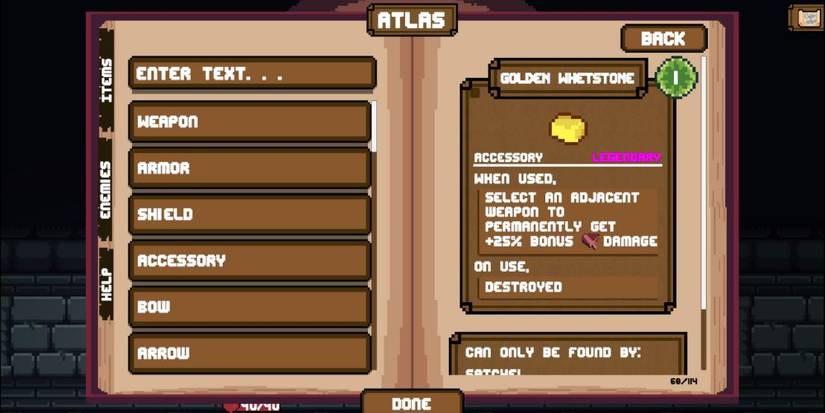 Atlas showing Golden Whetstone item in Backpack Hero