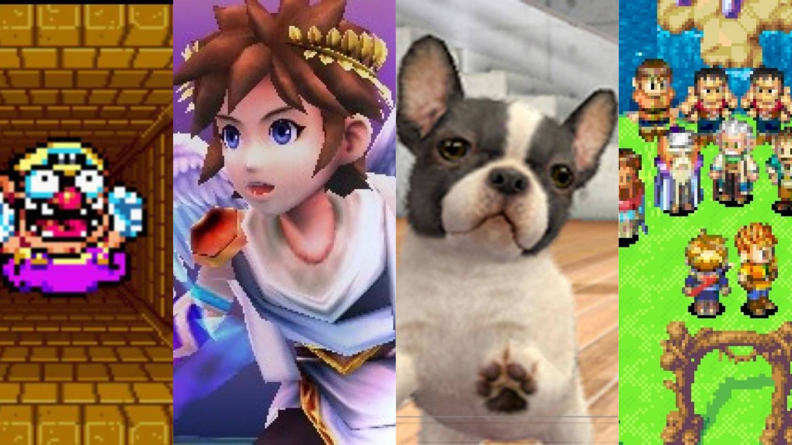 Wario falling in Wario Land 4, Kid Icarus in Uprising, Dog in Nintendogs And Cats, and Characters standing in Golden Sun