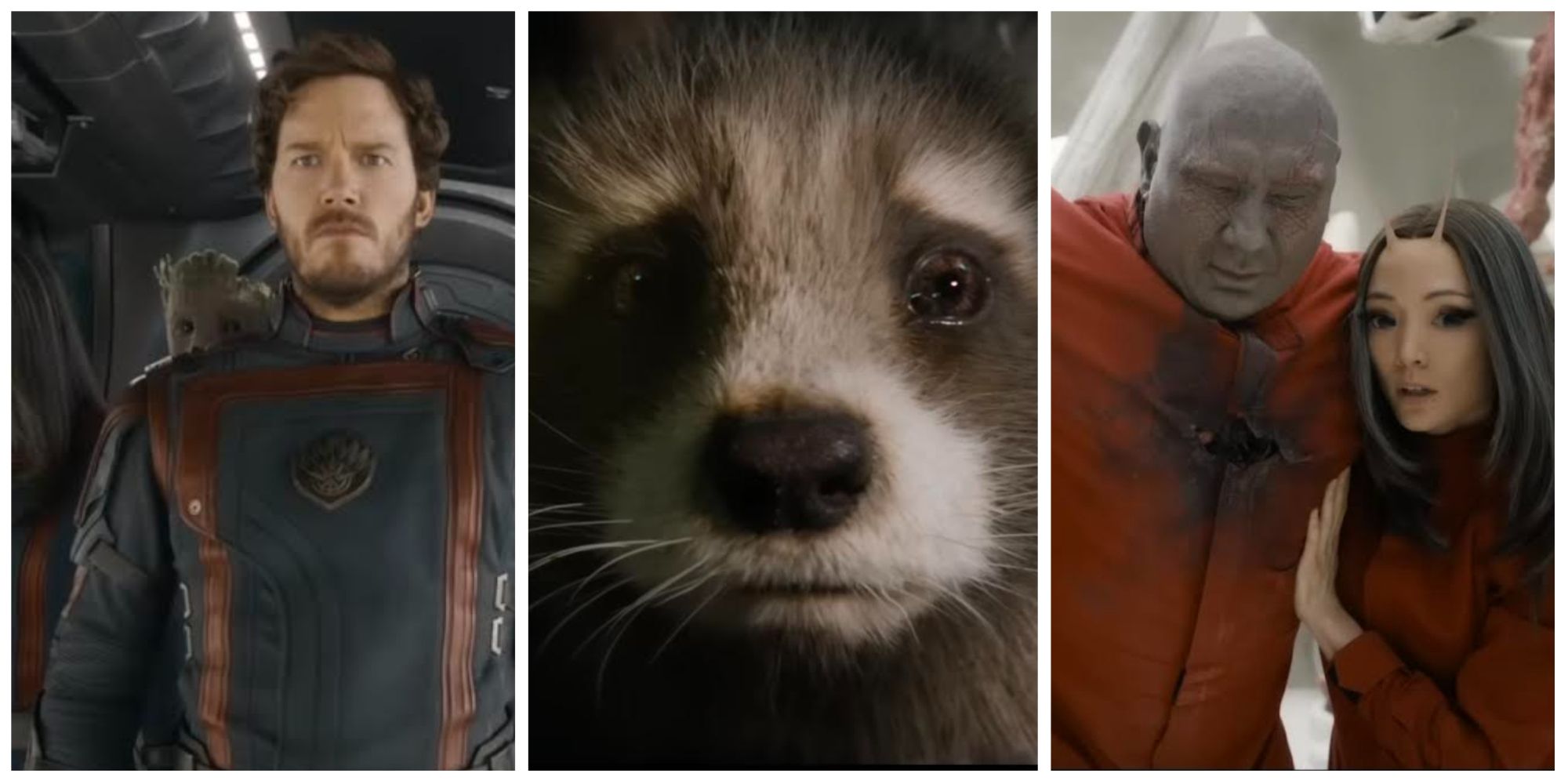 baby rocket raccoon, injured drax with mantis, star-lord in guardians costume