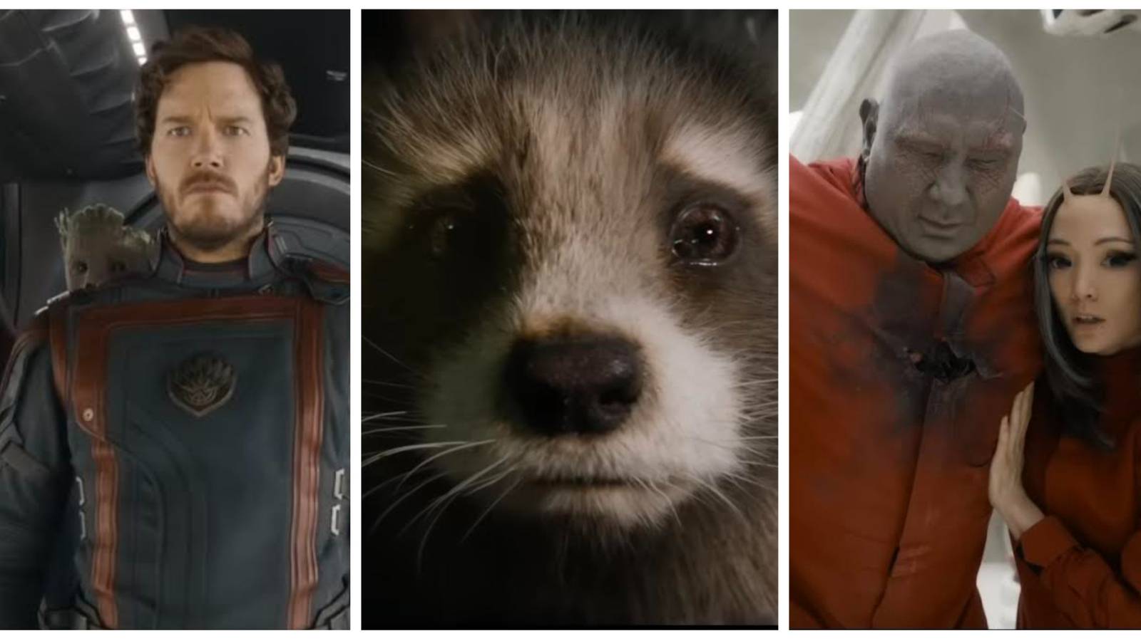 baby rocket raccoon, injured drax with mantis, star-lord in guardians costume